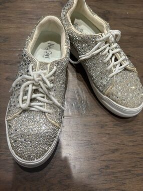 Crystal-Embellished Women's Lace-Up Sneakers in Gold